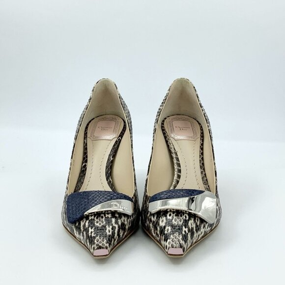 Christian Dior Snake Print Pointed Toe Pumps With Silver & Navy Bow Detail Size - Picture 1 of 9